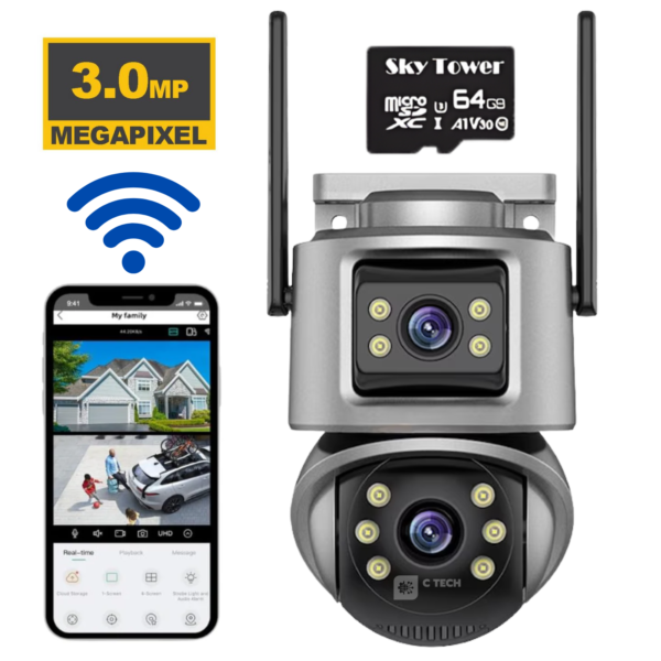Camera de supraveghere WI-FI C Tech® 3MP+3MP, UHD, Conectare prin aplicatie pe Telefon, Vedere nocturna color, Motion Track, Alarma, Rezistenta la Apa, Aprindere lanterna din aplicatie, Senzor Miscare, Gri antracit + Card de memorie Micro SD 64GB