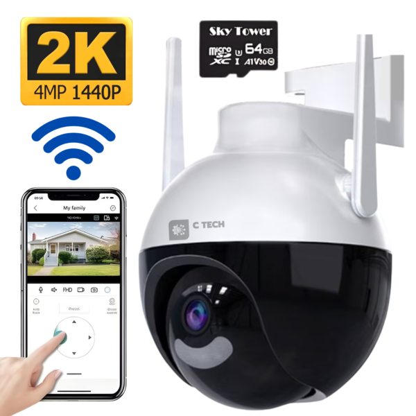 Camera de supraveghere WI-FI C Tech® 4MP, FULL HD, Conectare prin aplicatie pe Telefon, Vedere nocturna color, Motion Track, Alarma, Rezistenta la Apa, Aprindere lanterna din aplicatie, Senzor Miscare, Alb + Card de memorie Micro SD 64GB