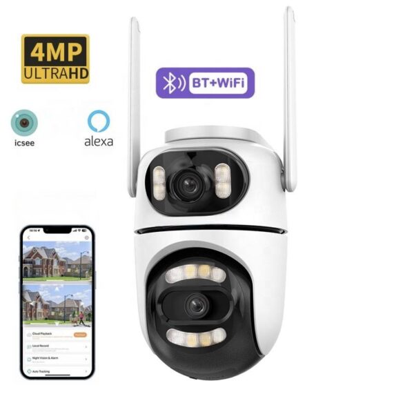 Camera de supraveghere WI-FI C Tech® 2MP+2MP, FULL HD, Conectare prin aplicatie pe Telefon, AI mode, Vedere nocturna color, Motion Track, Alarma, Rezistenta la Apa, Aprindere lanterna din aplicatie, Senzor Miscare, Alb + Card de memorie Micro SD 64GB